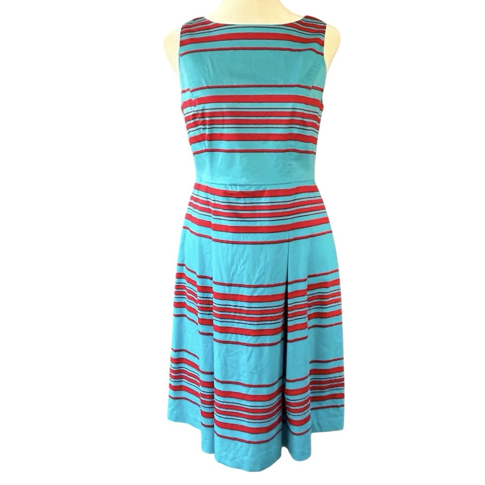 Talbots Striped Sleeveless Fit & Flare Dress Womens 6 Petite Teal Red 50s Pinup